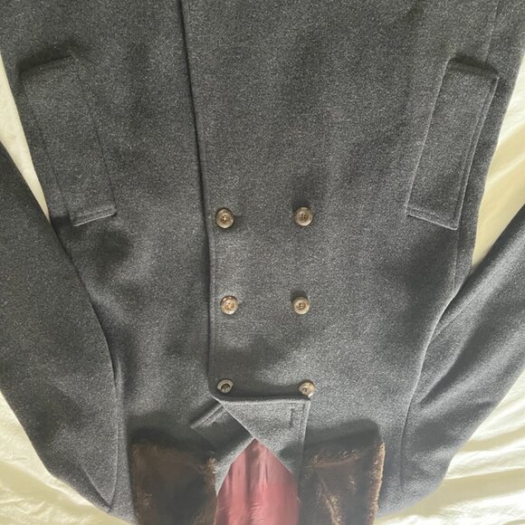 Vintage Benetton Wool Coat w/ Faux Fur Collar — Double Breasted Gray - Picture 7 of 16